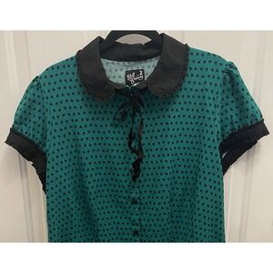 Hell Bunny Shirt Top Green Black Hearts Goth Grunge Button Rockabilly Coquette